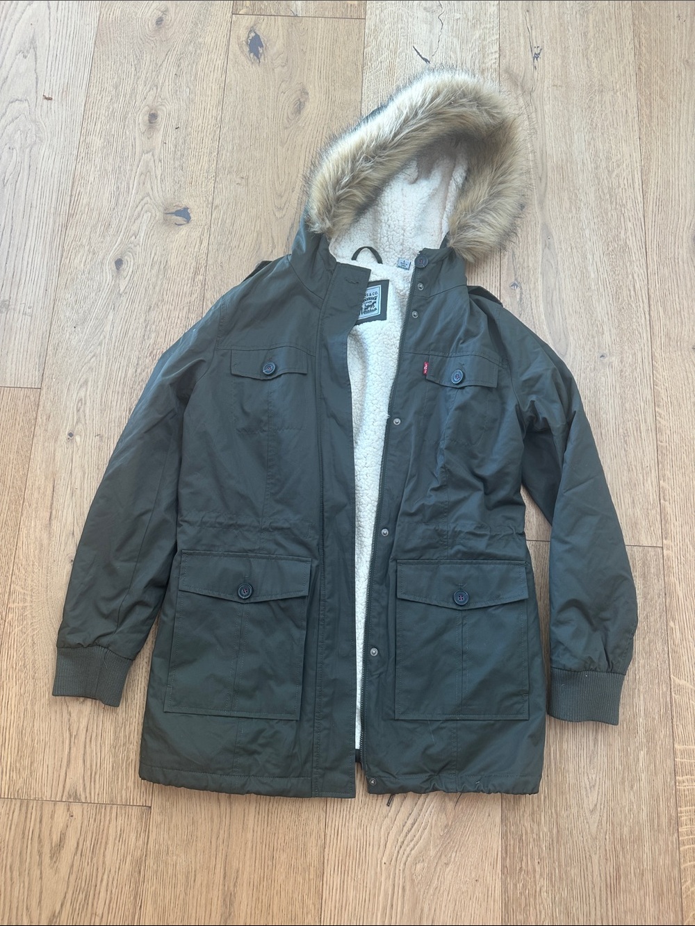 Levi’s Women’s Olive Green Hooded Parka Jacket with Faux Fur Trim Large